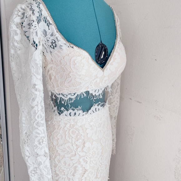JUSTIN & ASHLEY LACE IVORY BEIGE MERMAID TWO-PIECE WEDDING DRESS SZ 8 - Picture 8 of 9